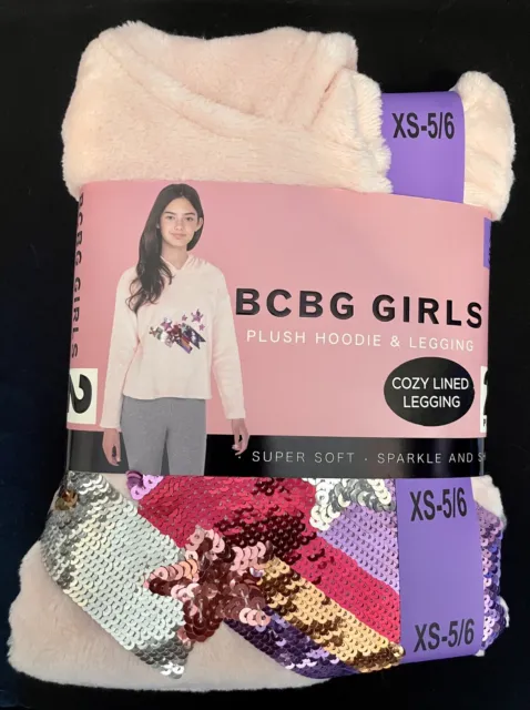 NWT-BCBG-(2pc) Girl Long Sleeve Pink Plush Hoodie w/Stars-Grey Legging Sz XS-5/6
