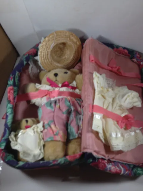 Rose Cloth Plush Teddy Bear Toy Carrier with Two Bears Outfits