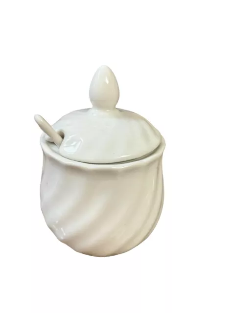 Vintage Porcelain White Swirl Sugar Bowl With Lid And Spoon Jam Honey Jar