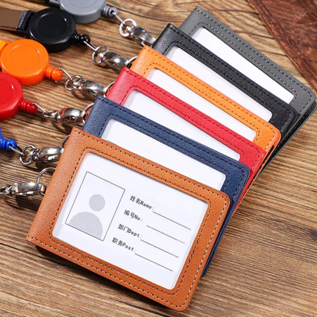 Leather ID Holders Case PU Business Badge Card Holder with Neck Strap Lanyard