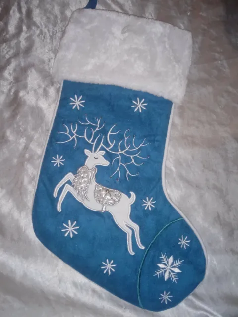 Christmas Holiday Stocking White Reindeer Snowflakes Velvety Soft Fuzzy 17"
