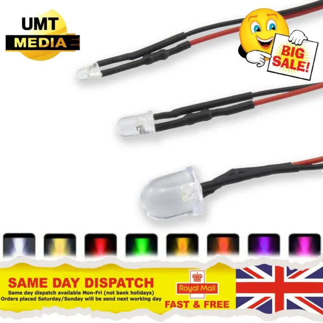 12V Pre-Wired LEDs 3mm/5mm/10mm Various Colours Lamp Wired LED 9V 12 Volts UK