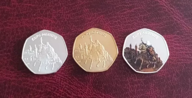 King Arthur, Excalibur, 3 Novelty 50p Style Coins. NOT LEGAL TENDER.