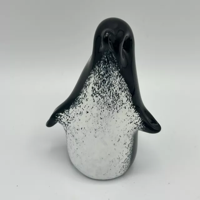 Penguin Art Glass Paperweight Signed KM Black White 3.75" Tall