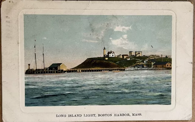 Boston Harbor Long Island Light House Massachusetts Vintage MA Postcard 1909