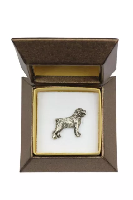 Rottweiler - silver plated pin with image of a dog in box, Art Dog USA