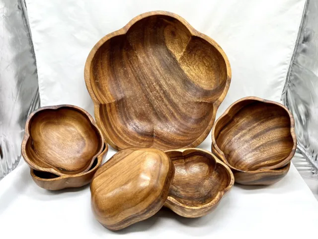 7 Piece Wooden Bowl Set Serving Flower Shaped Tiki 1970’s VTG Kitchen Wood Retro