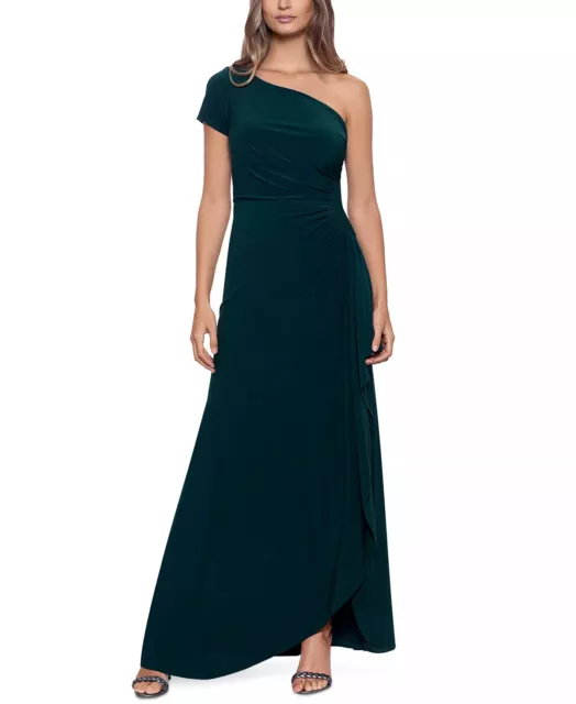 BETSY & ADAM Evening Gown Size 12 Forest Green One Shoulder Asymmetric Dress NWT