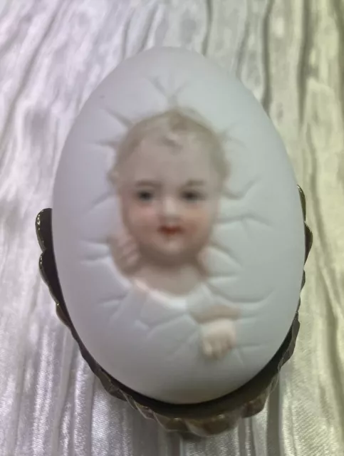 Bisque German Baby Breaking Out Of Egg Antique! Rare! W Brass Egg Stand!