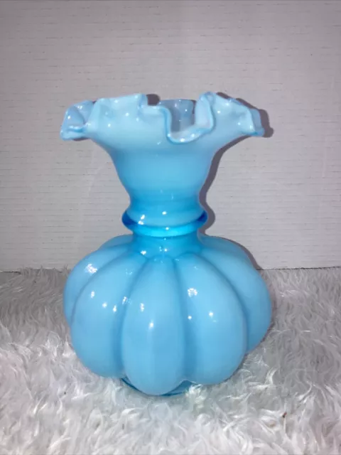 Vintage Fenton Glass Blue Overlay Large Melon vase 8” Pre Fenton Logo. No Chips