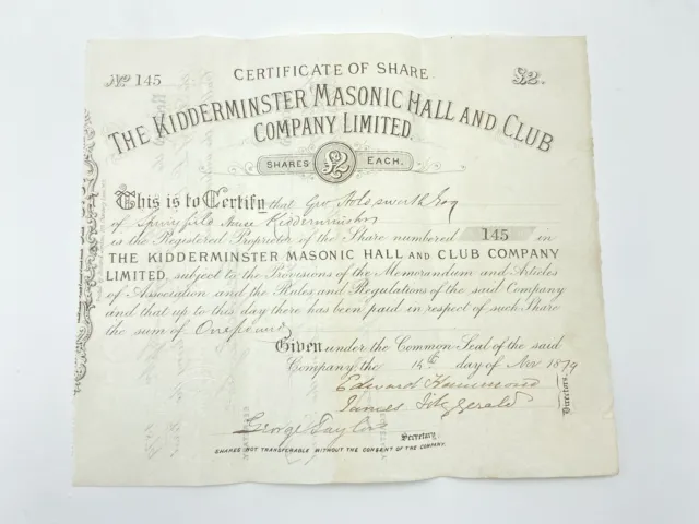 Antique Victorian Masonic Share Certificate Kidderminster Masonic Club £2 1879