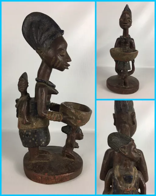 Authentic Wood 3 Figure AFRICAN Tribal YORUBA Divination Bowl Statue - Nigeria