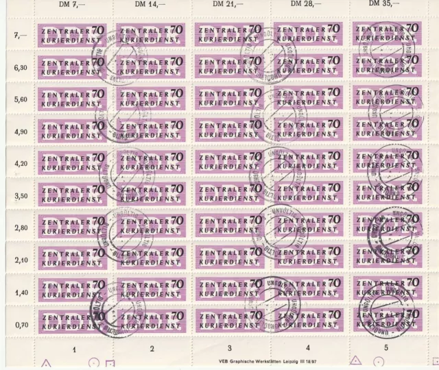 ALLEMAGNE RDA FEUILLE 50 TIMBRES OBLITERES Zentraler Kurierdienst ETAT EXCELLENT