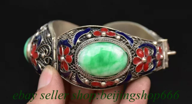 3.6" Old Chinese Copper Cloisonne Green Jade Gems Jewelry Round Bracelet Statue