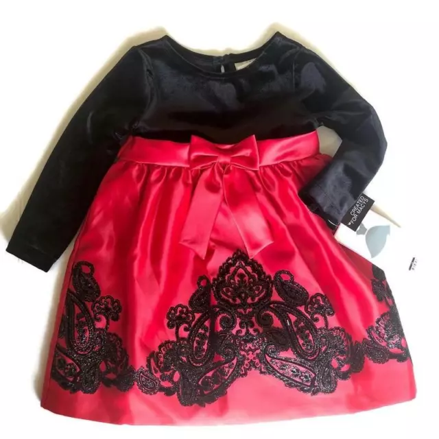 Rare Editions Red Satin Black Velvet Sequin Formal Christmas Dress 24 Mo NWT