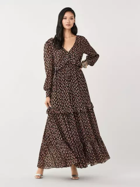 Diane von Furstenberg Winnie Tie Paisley Black dress maxi chiffon gold boho S