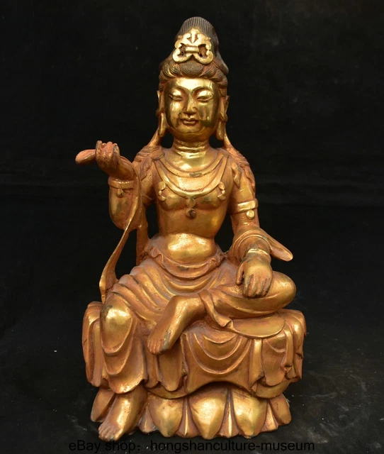 14" Old Chinese  Buddhism Copper Gilt Freedom Kwan-yin GuanYin goddess Statue