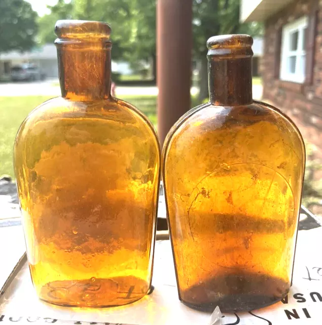 Pair Of Nice Amber Colored Half Pint Strap Side Whiskey Flasks 1880'S Era L@@K
