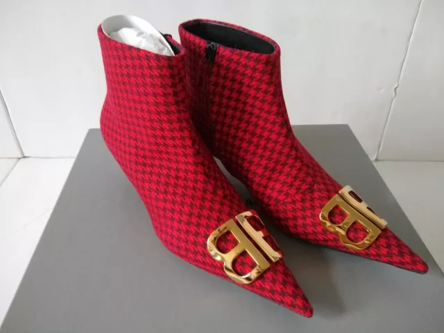 NIB Balenciaga BB Knife Red Houndstooth Wool Ankle Boots Booties sz:37