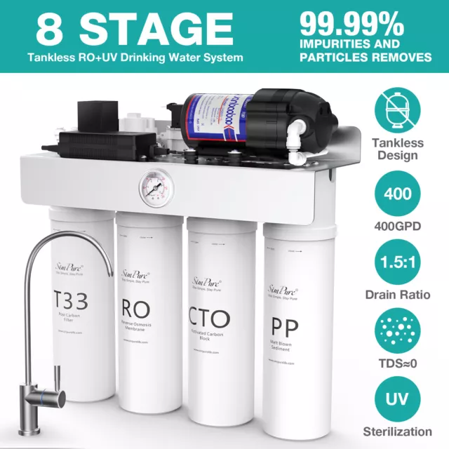 SimPure T1-400G 8 Stage UV Reverse Osmosis Tankless Water Filter System Purifier