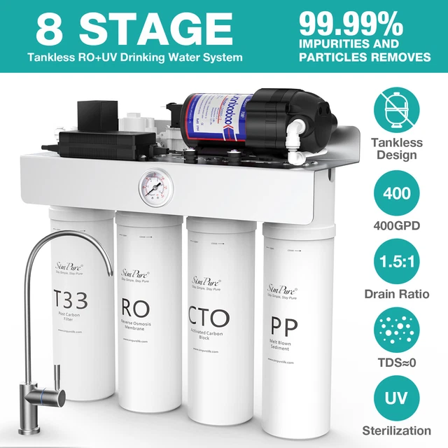 T1-400 GPD 8 Stage UV Tankless Reverse Osmosis Water Filtration System Purifier