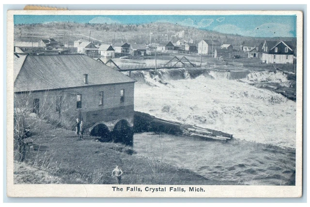 1939 The Falls Bridge Houses Scene Crystal Falls Michigan MI Posted Postcard
