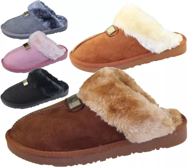 Womens Fur Lined Slippers Ladies Mules Non Slip Rubber Sole Shoes