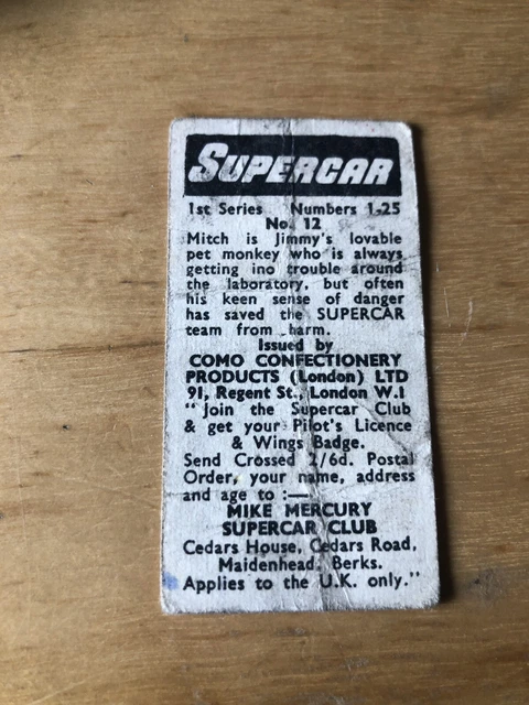 Como confectionery trade card: Supercar First Series Number 12 Poor Quality