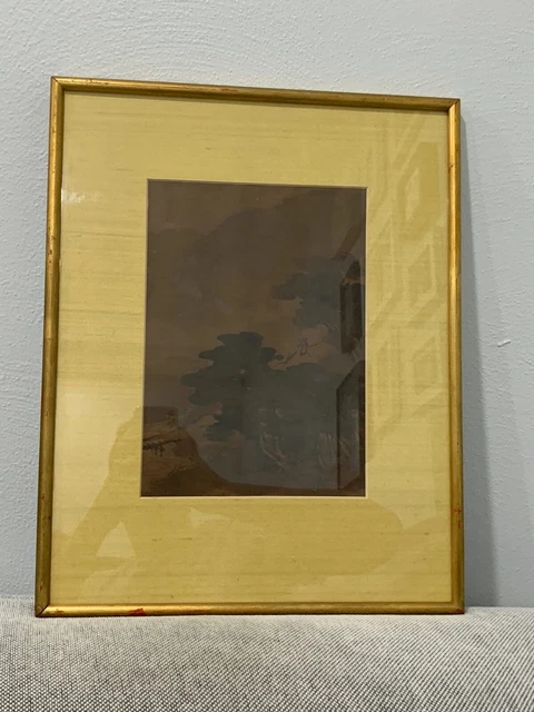 Ancien Chinois Ou Japonais Aquarelle Peinture Arbres Paysage & Figurine