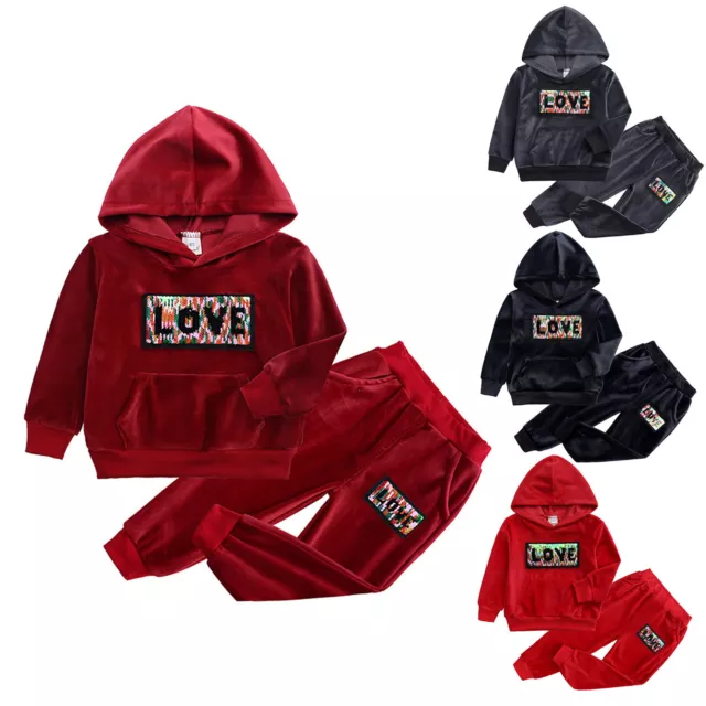 Kids Toddler Baby Girls Boys Winter Long Sleeve Hooded Sweatshirt Tops Pants Set