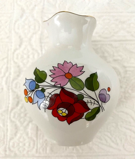 KALOCSA Porcelain Vase Hand Painted in Hungary Floral with Gold Trim 3 3/4" Tall