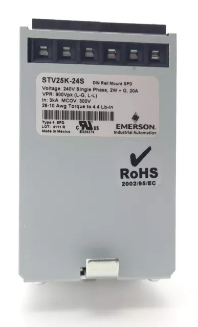 Emerson SOLA STV25K-24S Surge Suppressor, Single Phase 240VAC 20A DIN Rail 2