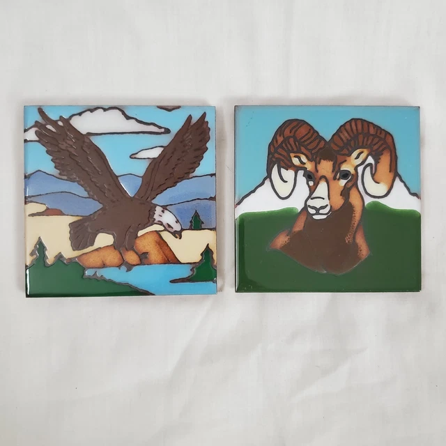 (2) Cleo Teissedre Eagle/Ram Hand Painted Art Coaster Trivet Ceramic Tile 4x4