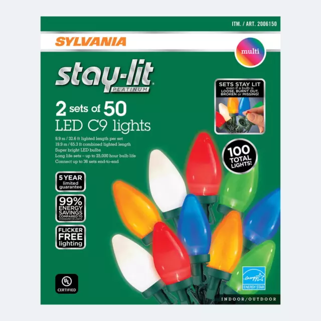 Sylvania Stay-Lit Platinum LED C9 Christmas Lights Set 2 Sets Of 50 Multi Color