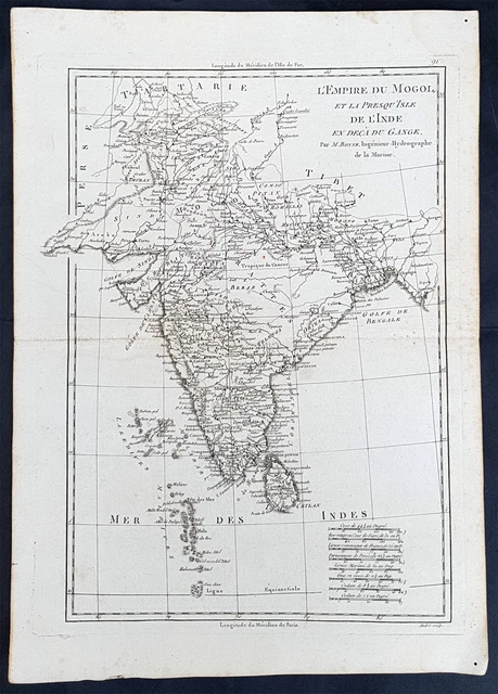 1780 RIGOBERT BONNE Antique Map of India, Mogul Empire, Ganges, Ceylon ...