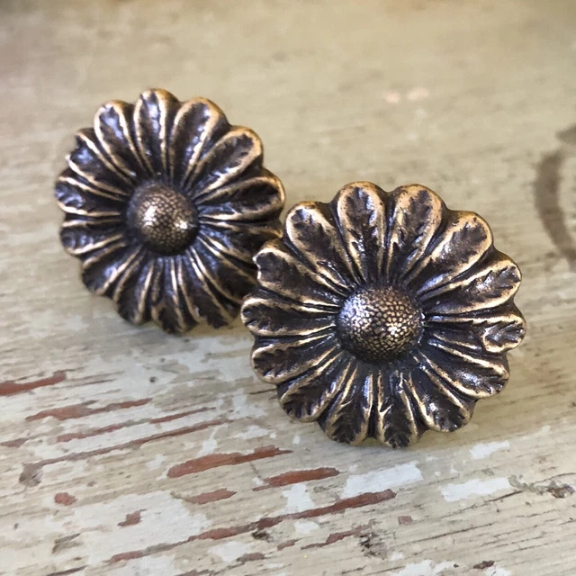 Set 2 Vtg Metal Curtain Tie Back Pins Flower Daisy Sunflower Brass Gold Retro