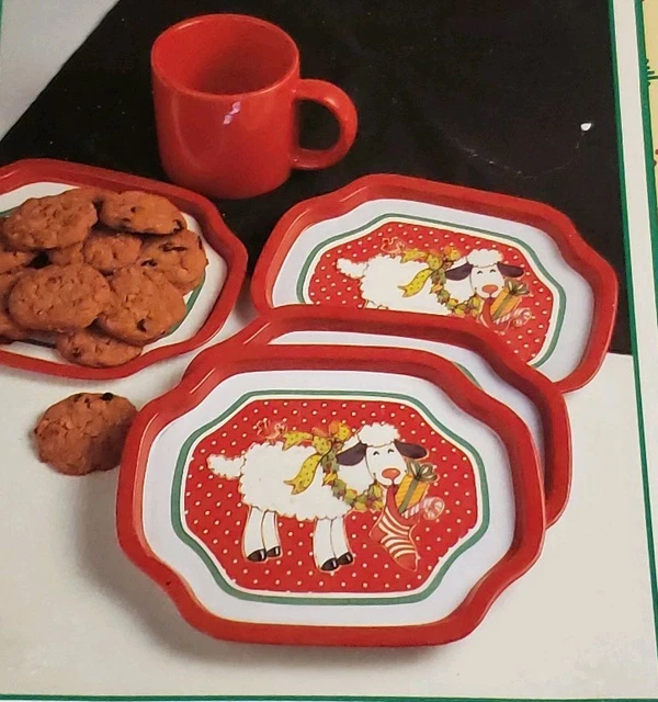 1988 MERRY CHRISTMAS Holiday Woolly Sheep Small Metal Trays Hors d'oeuvres Snack