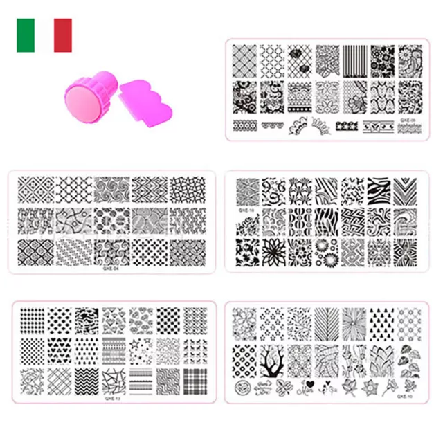 KIT DECORAZIONE UNGHIE gel UV STAMPI TIMBRI STENCIL DECORI NAILS KIT 7pz