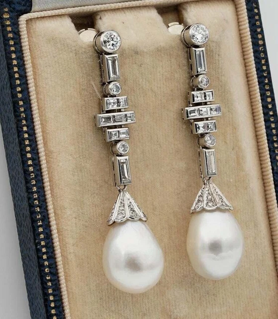 Art Deco Style French Jumbo South Sea Pearl 3.60 CT Baguette White CZ Earring.