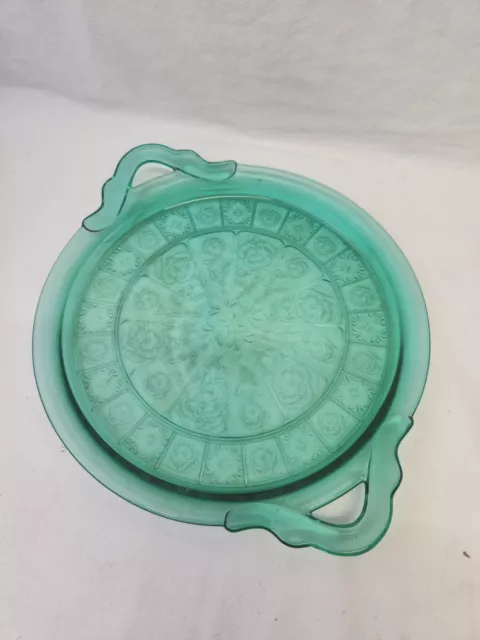 Jeannette Depression Glass Doric Pansy Ultramarine Green Cake Plate Easter