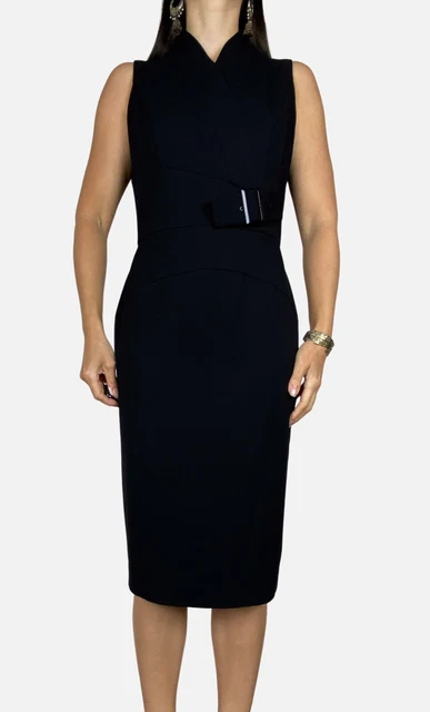 CUE Black Sleeveless High Neck Pencil Midi Dress w Buckle Detail Size 10 12 Work CUE Black Sleeveless High Neck Pencil Midi Dress w Buckle Detail Size 10 12 Work
