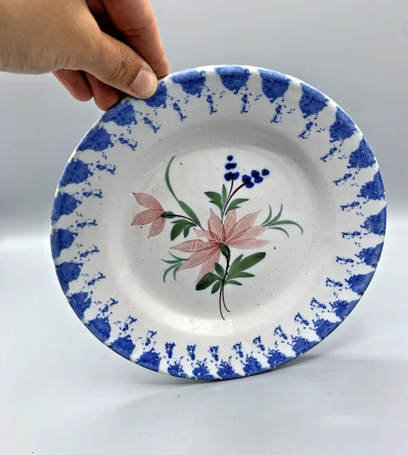 Ancienne Assiette Décorative Bleu Et Jaune à Fleurs - Céramique Rétro - Signé Deco