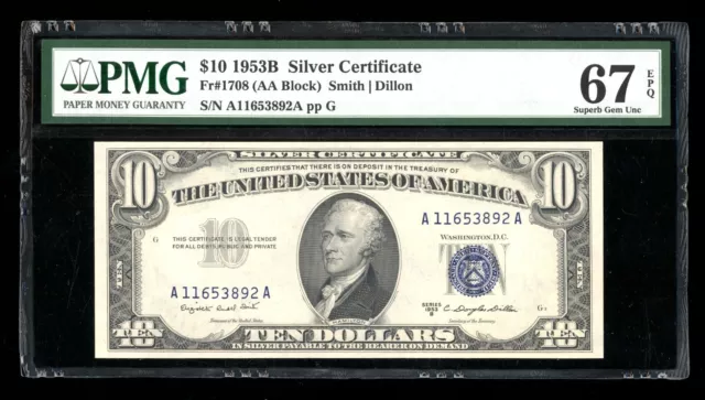 DBR 1953-B $10 Silver Fr. 1708 Superb Gem PMG 67 EPQ Serial A11653892A