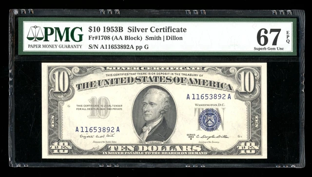 DBR 1953-B $10 Silver Fr. 1708 Superb Gem PMG 67 EPQ Serial A11653892A