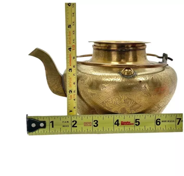 Teapot Brass with Dragon Engraving Design Vintage Oriental Collectibles Decor 2