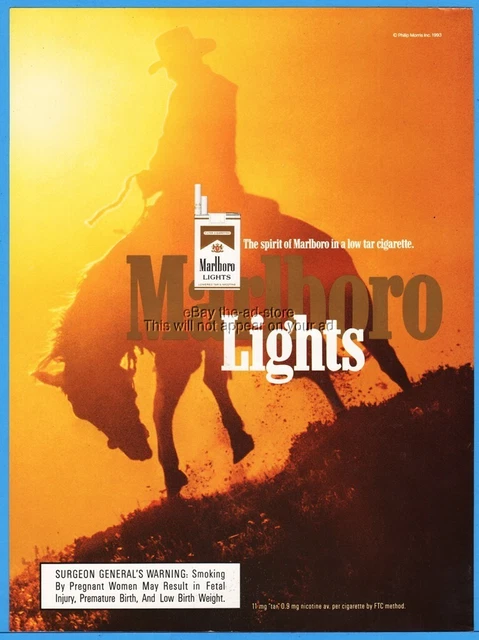 1993 Marlboro Man Cowboy Riding Bronco Horse Lights Photo Print Ad