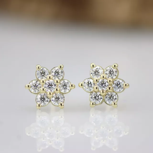 Real Moissanite Stud Earrings Round Cut Flower Set Earrings Yellow Gold Plated
