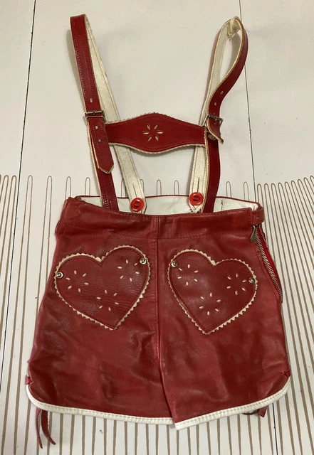 VTG German Lederhosen Child's Oktoberfest Suede Shorts Suspenders Red 20 Waist