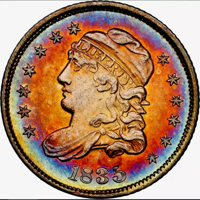 1835 ~ Bust Half Dime ~ NGC MS61 ~ Amazing Gem Color ~ Bulls-Eye RAINBOW Toner!!