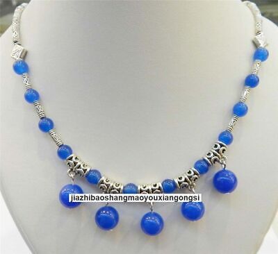 Beautiful New 6-10mm Blue Sapphire Round Bead Pendant Tibetan Silver Necklace18"